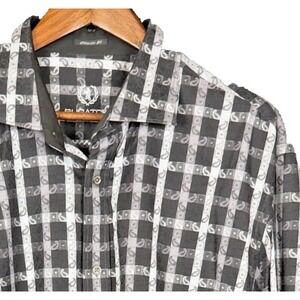 Bugatchi Uomo Shirt Mens XL Black Paisley Plaid Long Sleeve Button Up Stretch